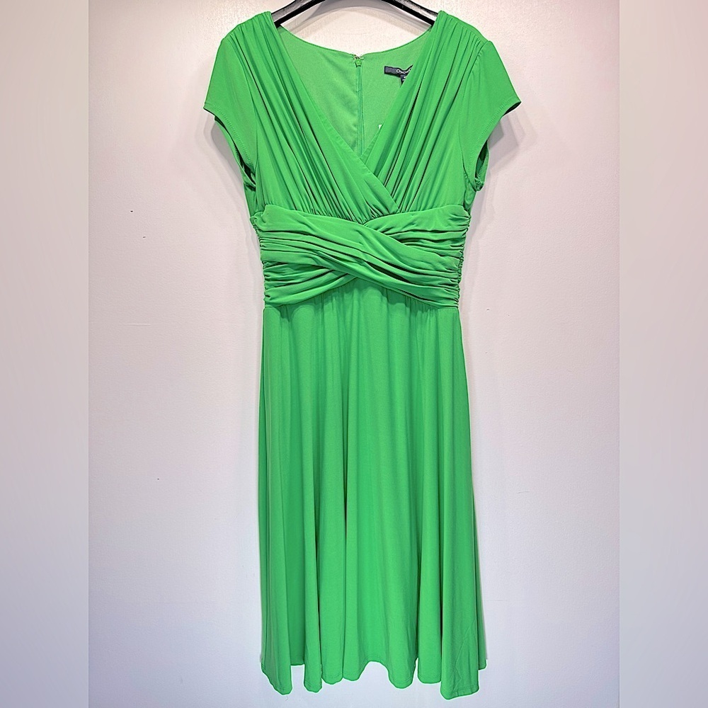 Chadwick’s Green Faux Wrap Dress with Pleated Ruched Waist and Shaper Lining